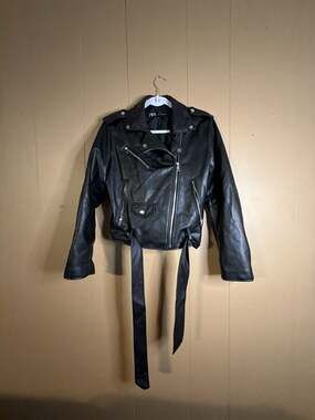 Zara Women's Black Faux Leather Biker Jacket with Belt